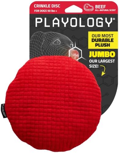 Playology Plush Crinkle Disc Dog Toy - Beef Scented - Jumbo Disc