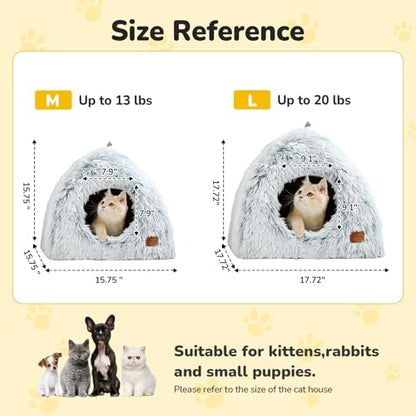 CATISM Cat Beds for Indoor Cats 2 in 1 Cat Bed Cave Machine Washable Fluffy Cat Cave Bed Foldable Non-Slip Washable Cushioned Pillow Soft Plush Premium Cotton Pet Bed for Kittens and Small Dogs Gray L