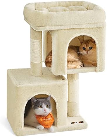 Feandrea Cat Tree, 26.4-Inch Small Cat Tower, Cute Plush Condo, Beige
