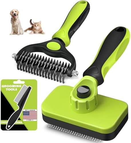 Professional 3PCS Self Cleaning Slicker Brush & Pet Grooming Rake & Flea Comb for Dogs,Cats and Horses | Double-Sided Dematting Comb & Skin Friendly Deshedding Grooming Tool | Pet Supplies (Green)