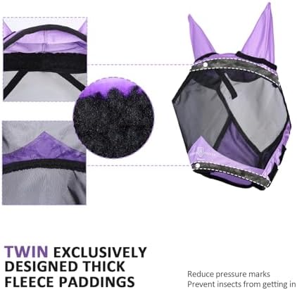 Harrison Howard Horse Fly Mask with Ears, Half Face Fly Mask for Horses, UV Protection, Large Eye Space Gentle Lavendar XL