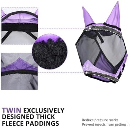 Harrison Howard Horse Fly Mask with Ears, Half Face Fly Mask for Horses, UV Protection, Large Eye Space Gentle Lavendar XL