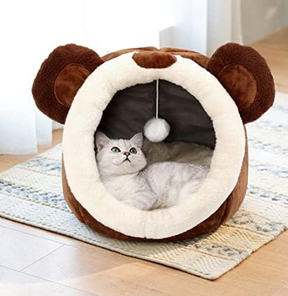 Cat Beds for Indoor Cats -Bear Animal-Shaped Cat Cave Bed with Toy,Brown L