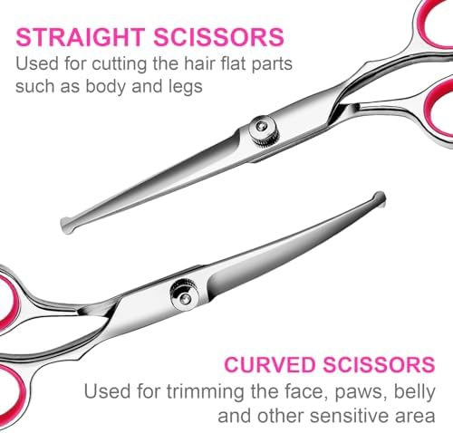 TINMARDA Dog Grooming Kit, Professional Stainless Steel Dog Grooming Scissors with Curved Shears, Pink Finger Rings - 5 Piece Sharp Durable Pet Shears for Dogs Cats At Home Salon-Quality Grooming