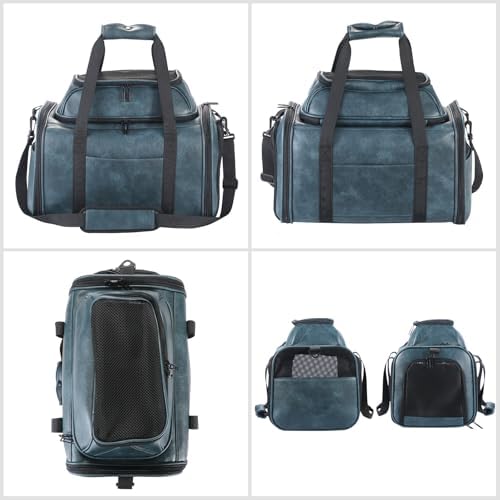 Premium Leather Top Expandable Pet Carrier for Small Dogs & Cats Under 15 lbs, Airline Approved Collapsible Soft-Sided Luxury Travel Bag Blue