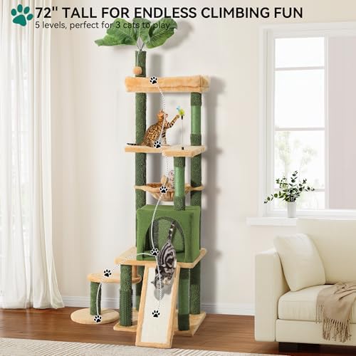 YITAHOME Tall Cat Tree Tower with Leaves for Indoor Cats, 72.8in Cute Cat Climbing Tower with Self-Grooming Brush, Cat Condo, Top Perch, Basktet, Sisal Scratching Posts and Board, Dangling Ball