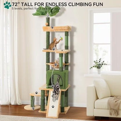 YITAHOME Tall Cat Tree Tower with Leaves for Indoor Cats, 72.8in Cute Cat Climbing Tower with Self-Grooming Brush, Cat Condo, Top Perch, Basktet, Sisal Scratching Posts and Board, Dangling Ball