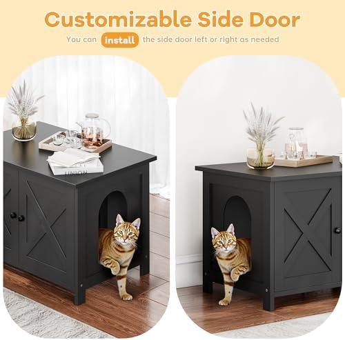 Shintenchi Cat Litter Box Enclosure, Litter Box Furniture Cabinet Hidden with Removable Divider, Wooden Cat House with End Table, Black, 31.5 inch