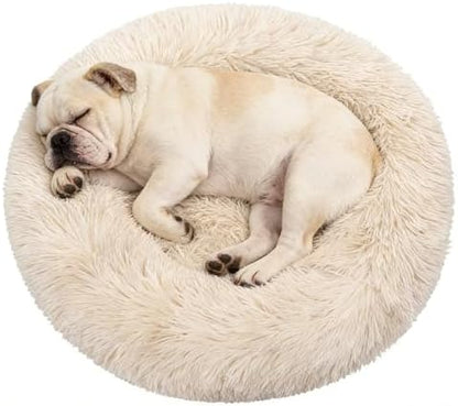 Calming Donut Dog Bed Medium Size Dog - Washable Removable Cover Non-Slip Bottom, Round Pet Bed Cat Bed Warming Fluffy Plush Faux Fur Anti-Anxiety, Fits up to 45 lbs (Beige, 30")