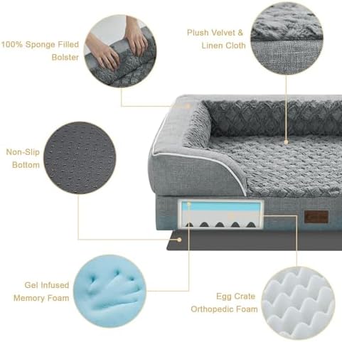 Orthopedic Washable Dog Bed for Extra Large Dogs, 42x30in, Grey