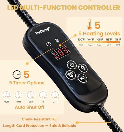Pet Heating Pad for Cats Dogs, Heated Cat Dog Bed with 5 Temperature Levels, Timer, Auto Shut-Off, Thick Paw-Print Cover, Chew Resistant Cord for Indoor & Sheltered Outdoor Use (M: 20" x 16" x 1.3")
