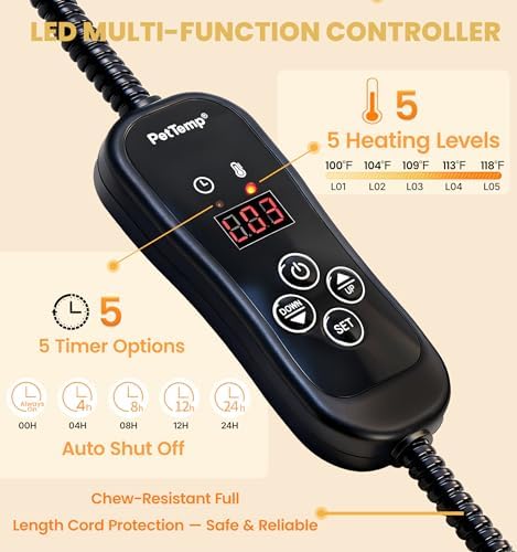 Cat Heating Pad, Heated Cat Bed with 5 Heat Levels, Timer & Auto Shut-Off, Waterproof Warmer with Thick Fleece Cover, Chew-Resistant Cord, for Indoor & Sheltered Outdoor Use (Gray, Small)