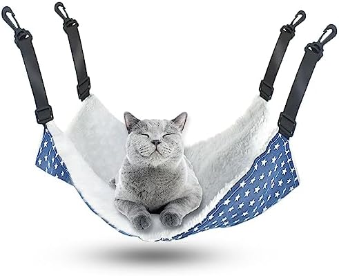 Pet Hammock for Cage Reversible Cat Hanging Hammock Soft Hanging Bed for Ferret Kitten Puppy Cats Small Dogs Rabbits Small Animals Double-Sided Pet Cage Hammock with Adjustable Straps & Plastics Hooks