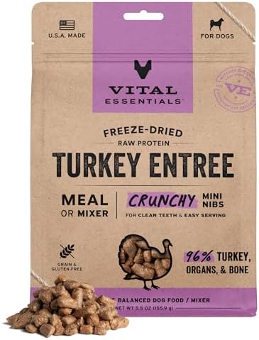 Vital Essentials Freeze Dried Dog Food, Turkey Mini Nibs, 5.5 oz Bag