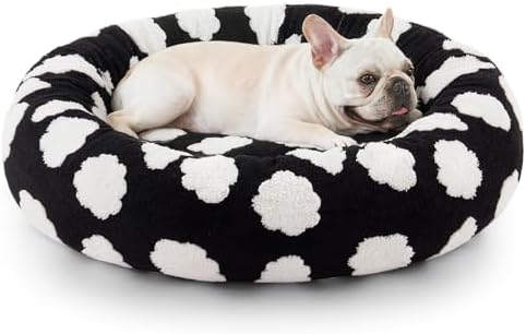 JOEJOY Jacquard Donut Round Small Dog Beds,Black 23x23x7in, Removable Washable Cover, Cute Pattern, Ultra Soft Fluffy Calming Pet Bed with Thick Supportive Bolster