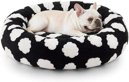 JOEJOY Jacquard Donut Round Small Dog Beds,Black 23x23x7in, Removable Washable Cover, Cute Pattern, Ultra Soft Fluffy Calming Pet Bed with Thick Supportive Bolster