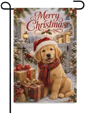 Merry Christmas Garden Flag 12x18 Inch Golden Retriever Santa Hat Plaid Scarf Gift Boxes Snowy Farmhouse Outdoor Yard Lawn Front Porch Welcome Double Sided Banner Decor
