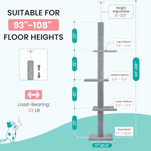 Max & Marlow 95-108" Floor to Ceiling Cat Tree for Indoor Cats, Light Grey