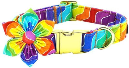 Rainbow Dog Collar, Rainbow Stripes Collar with Flower for LGBT Pride Month Holiday Dog Collar Flowers Adjustable Collar for Small Medium Large Dogs
