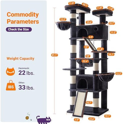 Allewie 81 Inches Tall Cat Tree/Multi-Level Large Climbing Tree House and Towers for Big Feline/Condo and Hammock/Scratching Post/Wide Base/Dark Grey