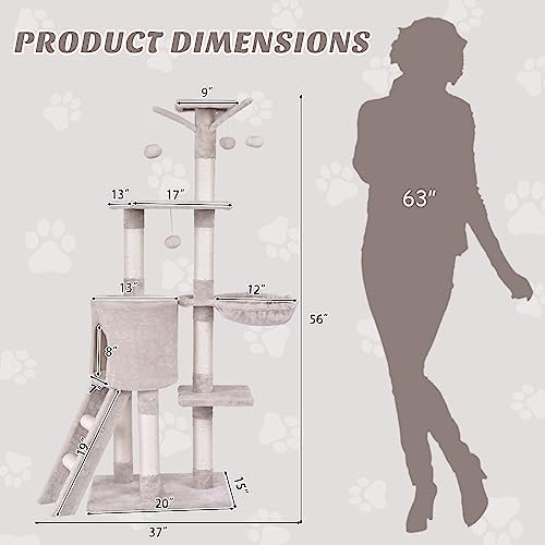 PETSITE 56 Inches Cat Tree for Indoor Cats, Multi-Level Cat Tower with Sisal Scratching Posts and Ladder, Tall Cat Tree with Top Perch, Hammock, Cat Condo & Jumping Platforms for Cats Kittens