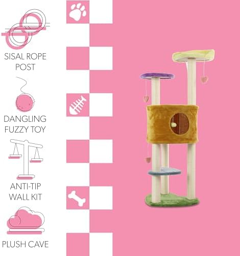 CTR1002A Aisling 51" 4-Tier Modern Sisal Heart Cat Tree with Scratching Posts, Napping Perch, and Dangling Toys, Multi