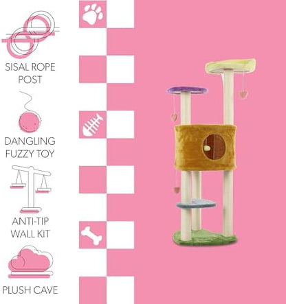 CTR1002A Aisling 51" 4-Tier Modern Sisal Heart Cat Tree with Scratching Posts, Napping Perch, and Dangling Toys, Multi