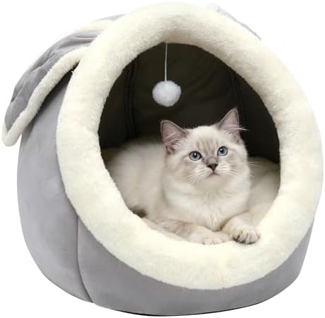 Cat Beds for Indoor Cats-Rabbit-Shaped Cat Cave Bed with Hanging Toy,Grey L
