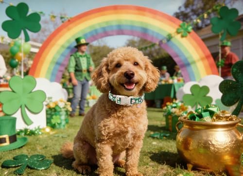 Lionet Paws St. Patrick Dog Collar- Cute Clover Green Dog Collars with Plastic Buckle, Light Adjustable Dogs Collars with Pink Clover Pendant for Small Medium Dogs