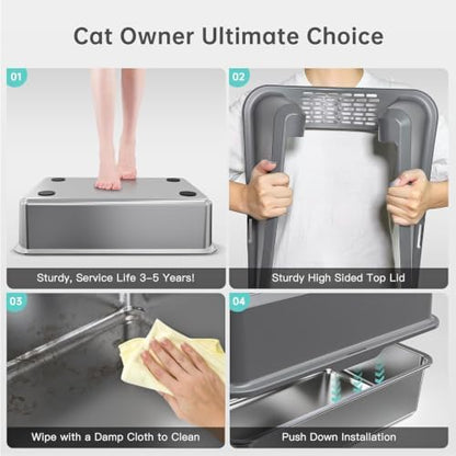 Stainless Steel Litter Box, Open Top High Sided Cat Litter Box for Big Cat