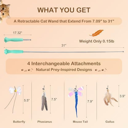 Retractable Cat Wand with 4 Feather Refills for Indoor Cats