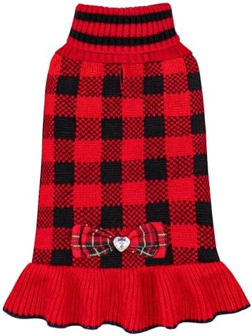 KYEESE Buffalo Plaid Dog Christmas Sweater Dress for Small Dogs Thick Knit