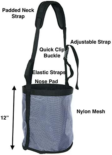Majestic Ally Horse Feed Bag, Heavy Duty Nylon Mesh Grain Feed Bag, Adjustable Strap with Durable Snap and Elastic Straps, Comfort Neck Pad and Nose Pad- Large (Cob, Dark Gray)