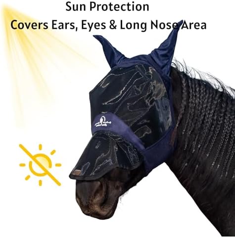 Horse Fly Mask with Ears and Extended Nose, Large Eye Space for Comfort, UV Protective Mesh Horse Mask with Shaped Nose and Upgraded Hook and Loop Fastener (Dark Navy Blue, Cob (Medium))