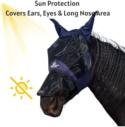 Horse Fly Mask with Ears and Extended Nose, Large Eye Space for Comfort, UV Protective Mesh Horse Mask with Shaped Nose and Upgraded Hook and Loop Fastener (Dark Navy Blue, Cob (Medium))