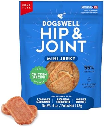 DOGSWELL Hip & Joint Mini Jerky Dog Treats, Chicken Breast, 4 oz. Pouch