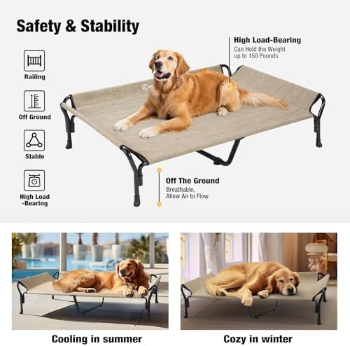 Veehoo Cooling Elevated Dog Bed, XL Raised Pet Cot with Guardrail & Slope Headrest, Durable Breathable Teslin Mesh, Non-Slip Feet, Washable Dog Couch Bed for Indoor & Outdoor, 50.5" x 33.5", Beige