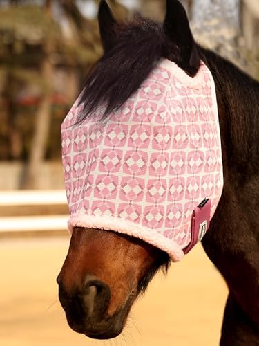 Tackmore Horse Fly Mask Without Ears, Breathable Structured Mesh for Horses, Soft Fleece Edging, UV Protection, Printed Turnout Mask for Pasture-Pink Print M
