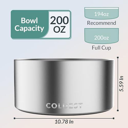 Coldest Dog Bowl - Anti Rust Metal, Non Slip, 3 Layers Insulated Stainless Steel Dog Bowls - Spill Proof & Heavy Duty - Water Bowl for Dogs, Cats, Dish Washer Safe (200 oz, Polished Stainless Steel)