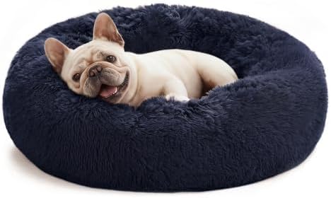 Love's cabin Calming Cat Bed for Indoor Cats, Anti-Anxiety Donut Round Dog Bed, Fluffy Faux Fur Washable Pet Bed for Small Medium Dogs and Cats, Navy, 20in