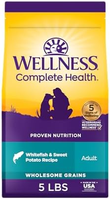 Wellness Complete Health Adult Dry Dog Food, Wholesome Grain Kibble, Natural, Chicken Free, Whitefish and Sweet Potato Recipe, 5 lb Bag