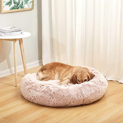 Bedfolks Calming Fluffy Donut Dog Bed for Large Dogs,Pink, 36" Round