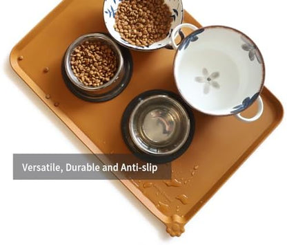 Hoki Found Large Silicone Pet Food Mats Tray - Non Slip Pet Dog Cat Bowl Placemats - Dog Cat Feeding Mat - Waterproof - Butterscotch