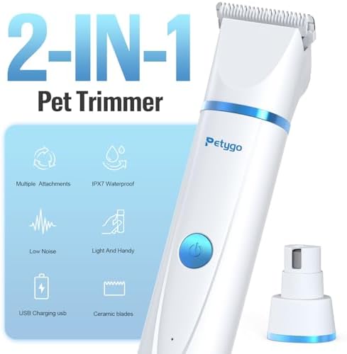 2-in-1 Dog & Cat Grooming Kit - Rechargeable Cordless Pet Hair Clippers with Nail Grinder & Paw Trimmer & 4 Guide Combs, Low Noise Dog Clippers for Grooming Small Medium Pets