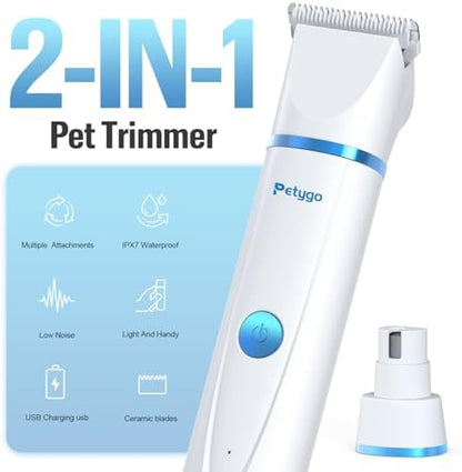 2-in-1 Dog & Cat Grooming Kit - Rechargeable Cordless Pet Hair Clippers with Nail Grinder & Paw Trimmer & 4 Guide Combs, Low Noise Dog Clippers for Grooming Small Medium Pets