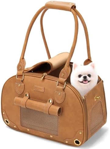 Dog Carrier Purse, Pet Carrier, Foldable Waterproof Premium PU Leather Pet Travel Portable Bag Carrier for Cat and Small Dog Home & Outdoor Small Brown