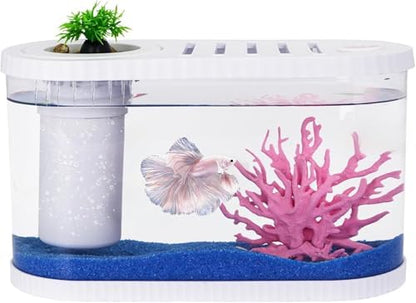 Betta Fish Tank Kit, 2 Gallon Small Aquarium Starter Kit with Quiet Filter, LED Light, Lid & Decorations, Nano Desktop Aquarium for Betta Fish, Shrimp, Guppy and Small Tropical Fish