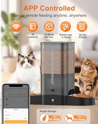 HoneyGuaridan 5L Automatic Cat Feeder for Two Cats, 2.4/5G WiFi Smart Feed Pet Feeder with Stainless Steel Bowl,APP Control Dispenser, Dual Power Supply,Desiccant Bag,10s Meal Call Black