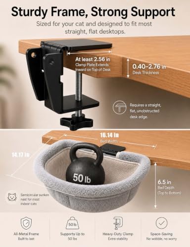Cat Desk Bed, Foldable Sunken Hammock with C-Clamp, 50-lb Capacity