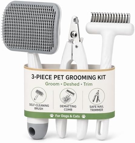 3-Piece Dogs & Cats brush for shedding - Self Cleaning Slicker Brush, Dematting Comb & Nail Clipper - Professional 3-in-1 Grooming Set for Shedding, Mats & Tangles - Easy At-Home Pet Care Tools